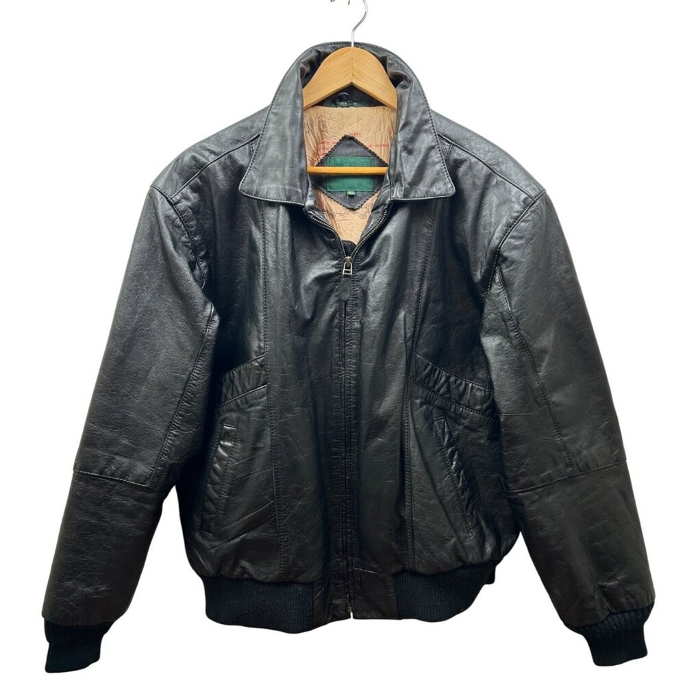 Hill & Archer Leather Bomber Jacket Mens 44R Black Map Lining‎ Made in Korea Vtg
